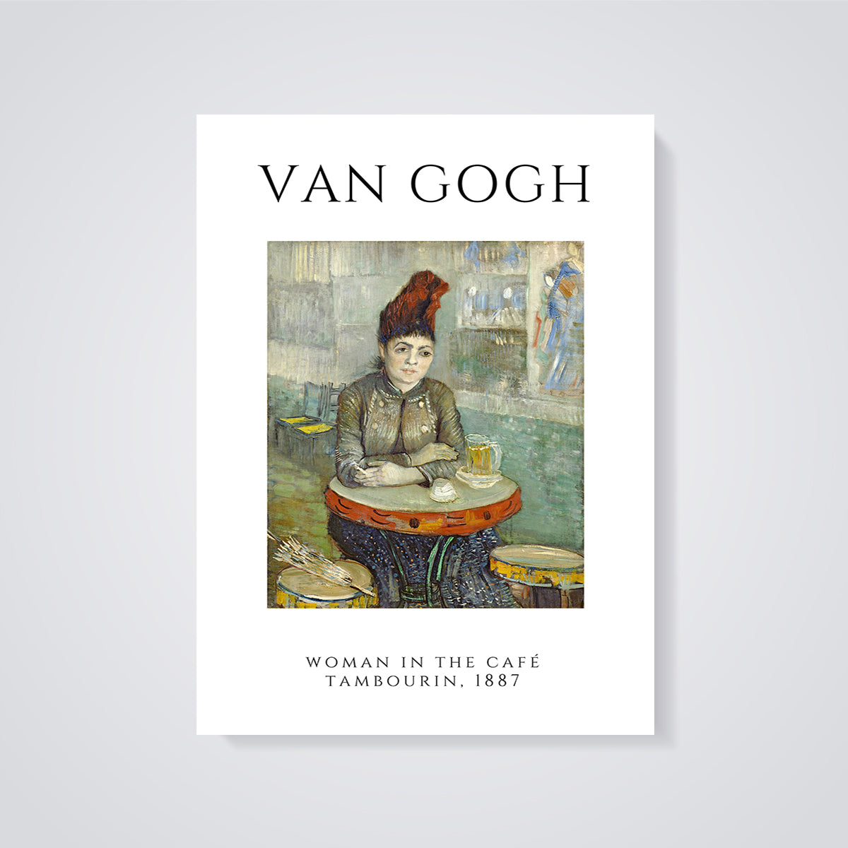 Van Gogh Woman in the Café Tambourin Print unframed on a grey background