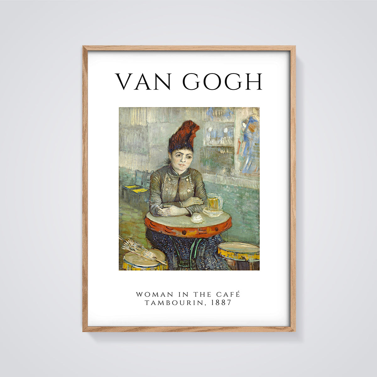 Van Gogh Woman in the Café Tambourin Print framed in oak on a grey background