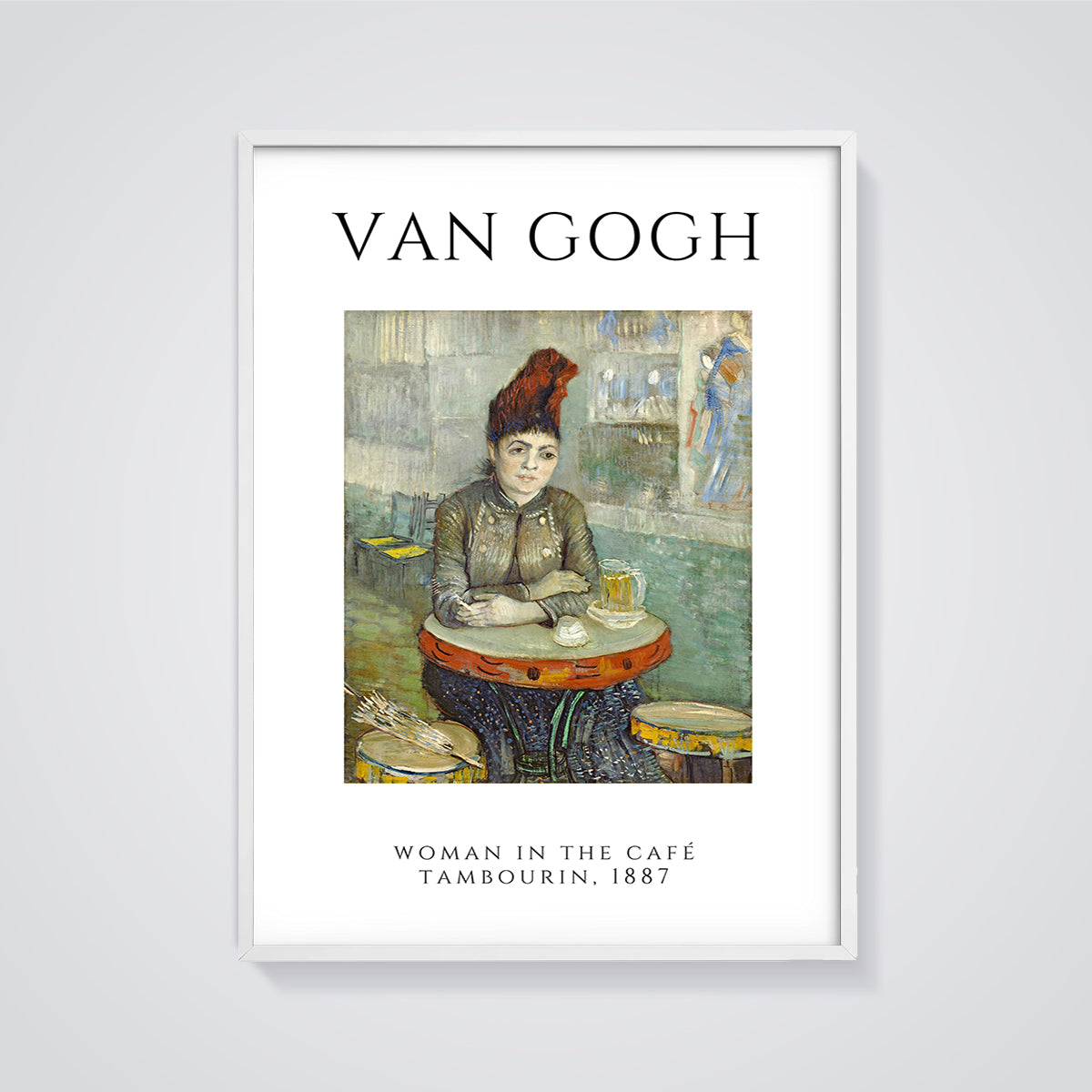 Van Gogh Woman in the Café Tambourin Print framed in white on a grey background
