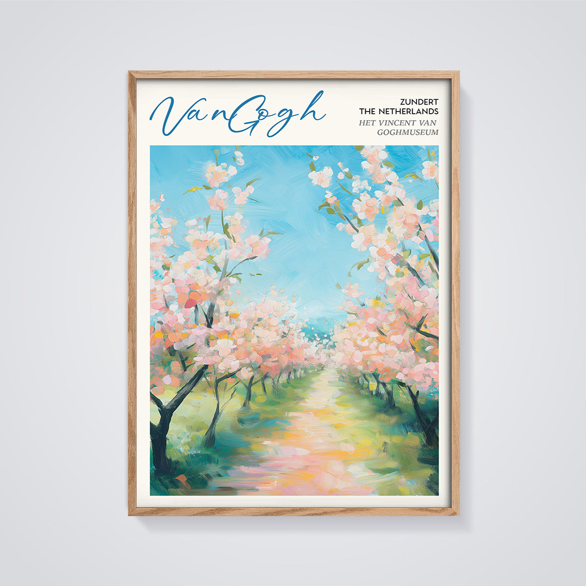 Van Gogh Zundert Blossom Path Print framed in oak on a grey background