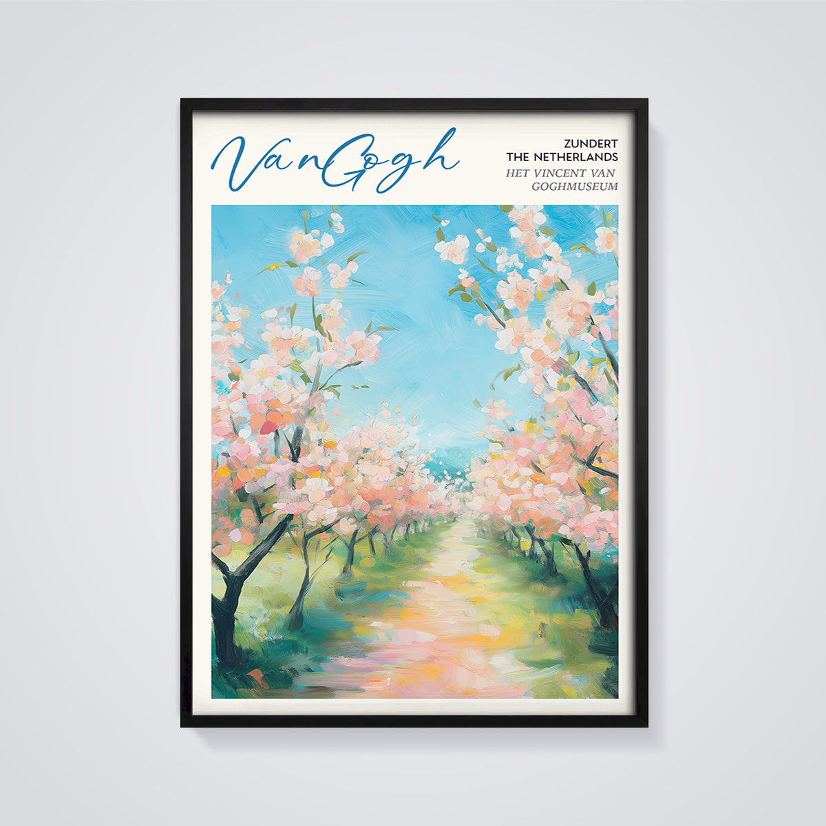 Van Gogh Zundert Blossom Path Print framed in black on a grey background