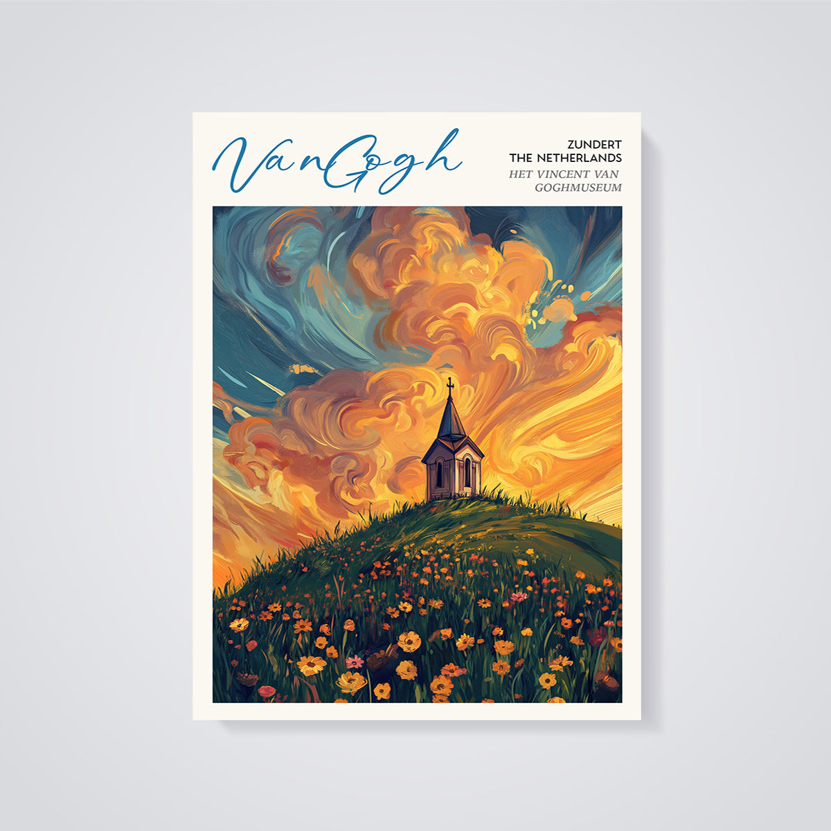 Van Gogh Zundert Chapel Sunset Print unframed on a grey background