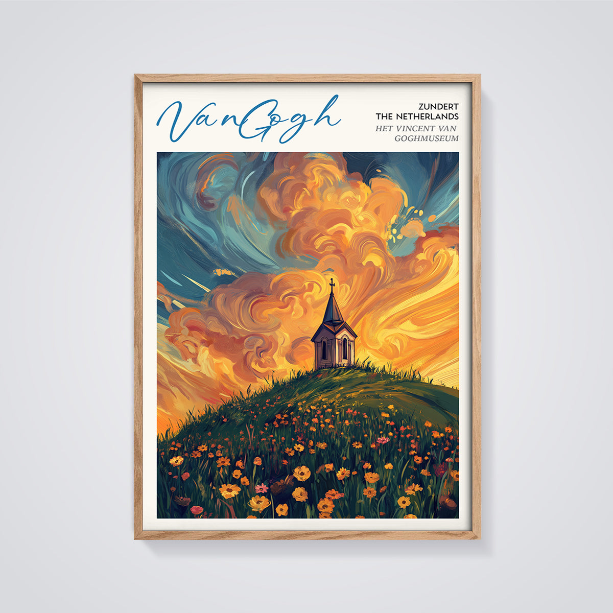 Van Gogh Zundert Chapel Sunset Print framed in oak on a grey background