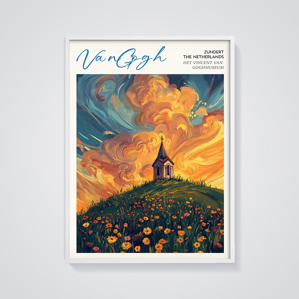 Van Gogh Zundert Chapel Sunset Print framed in white on a grey background