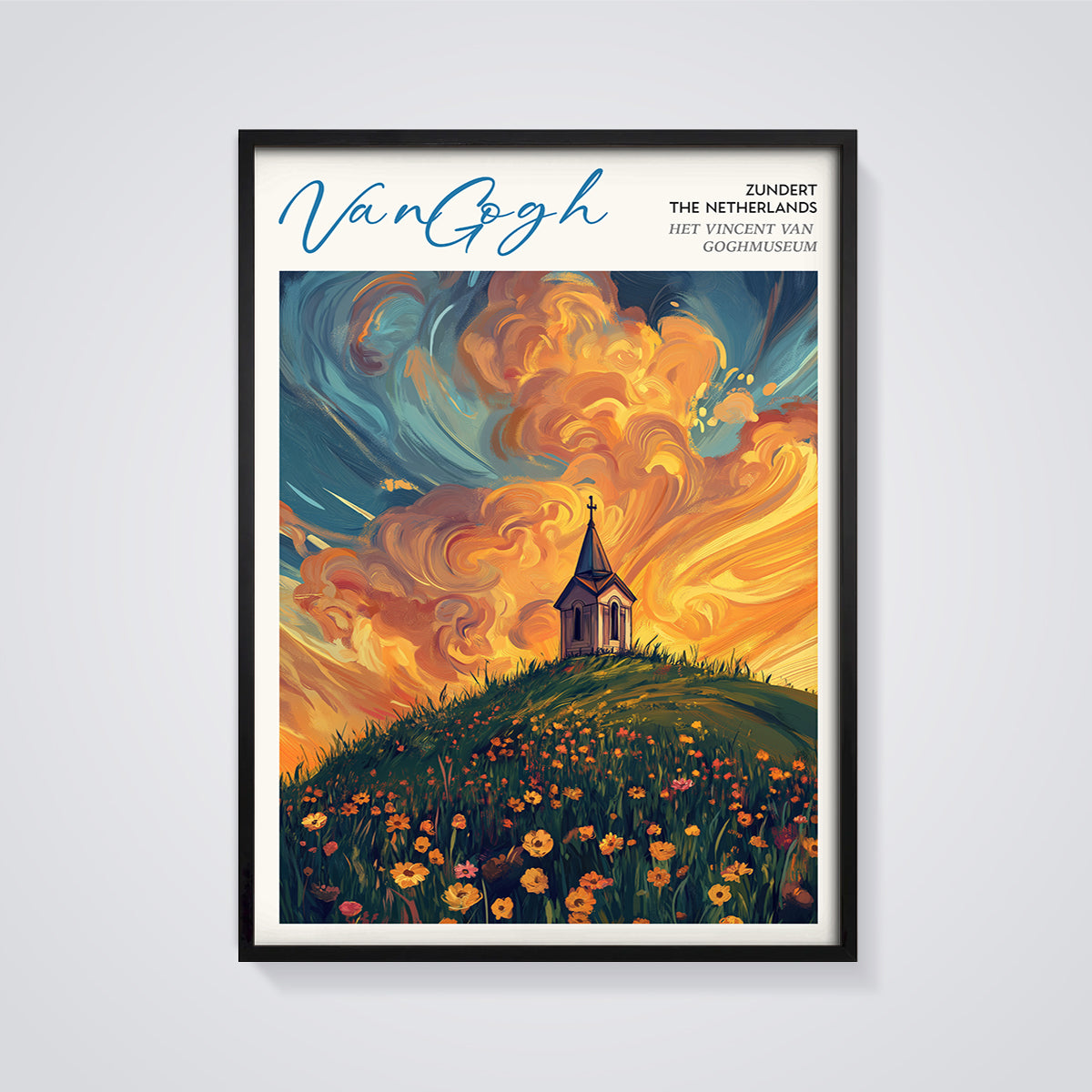 Van Gogh Zundert Chapel Sunset Print framed in black on a grey background
