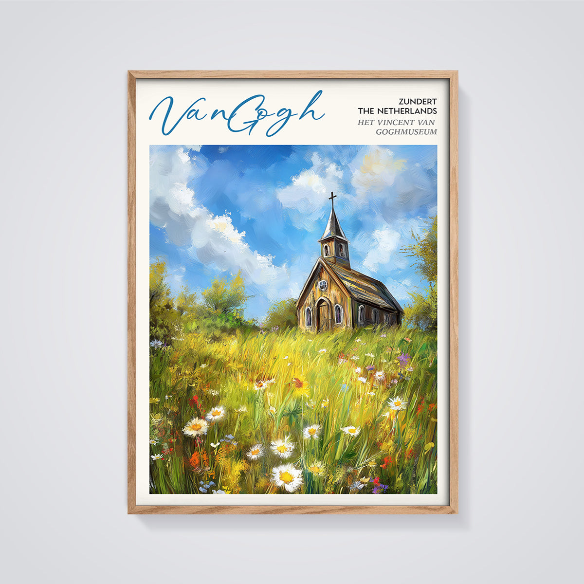 Van Gogh Zundert Church Print framed in oak on a grey background