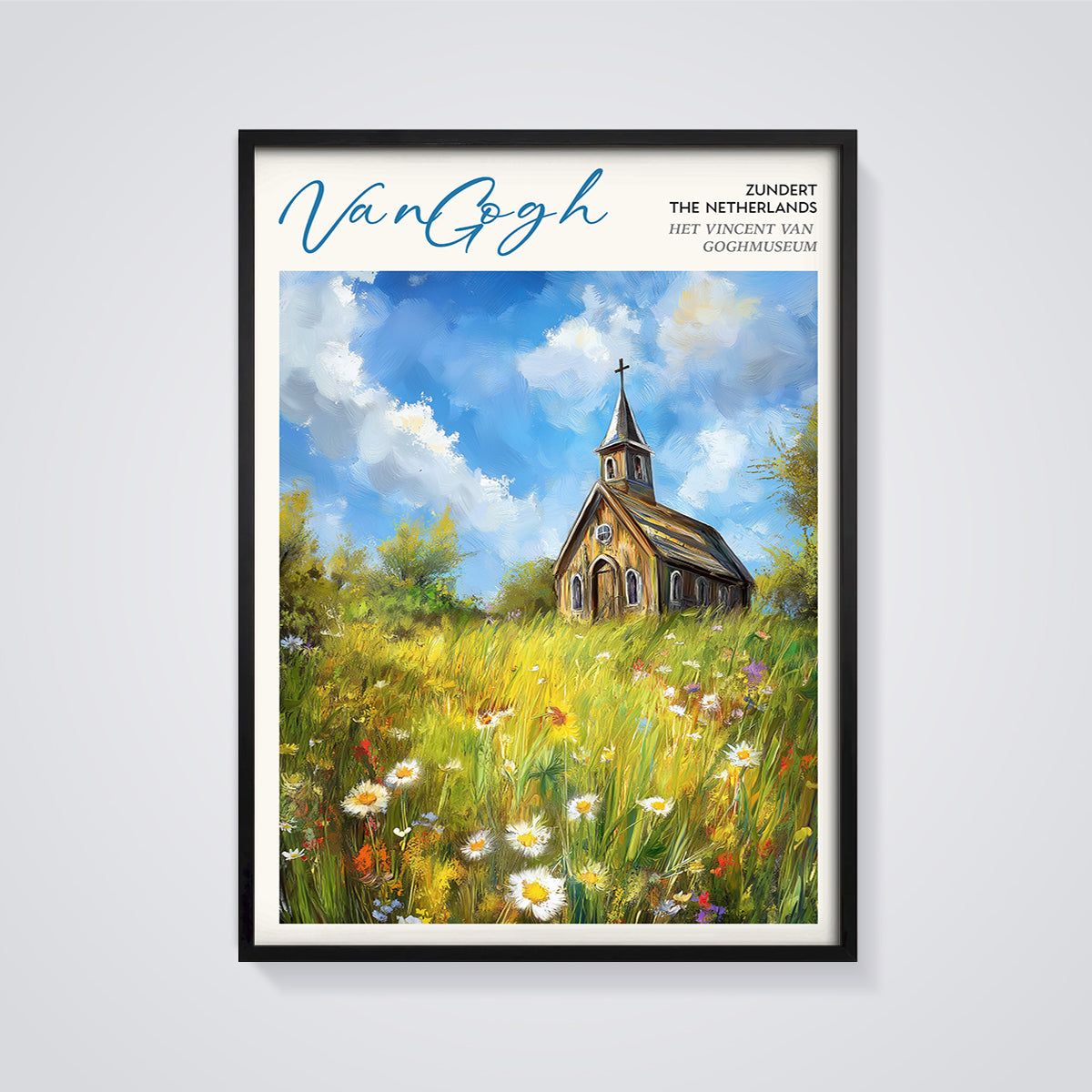 Van Gogh Zundert Church Print framed in black on a grey background