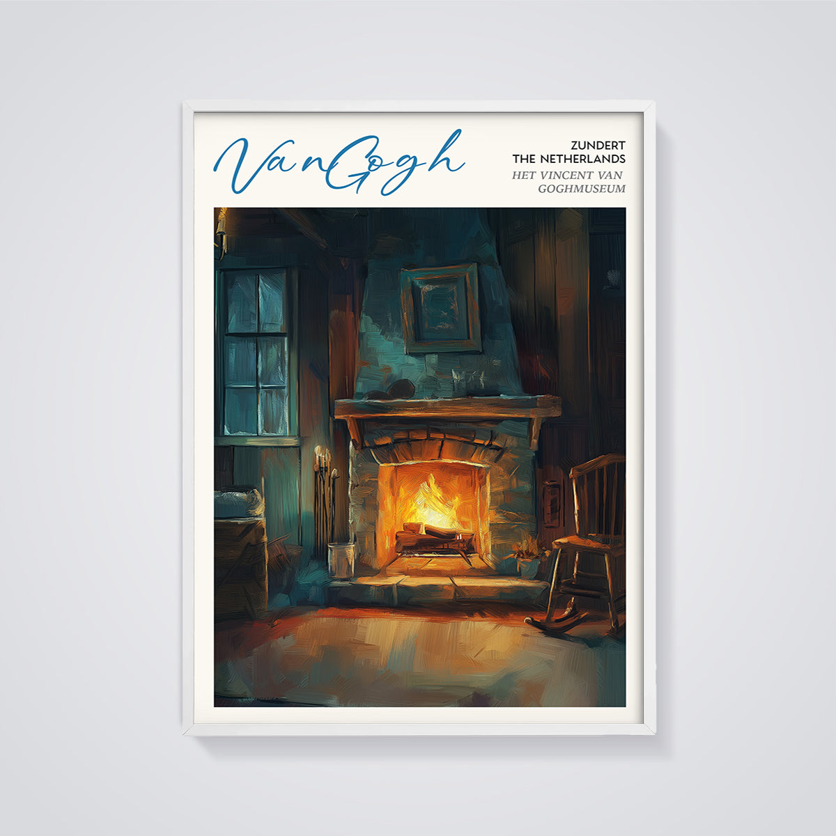 Van Gogh Zundert Fireplace Print framed in white on a grey background