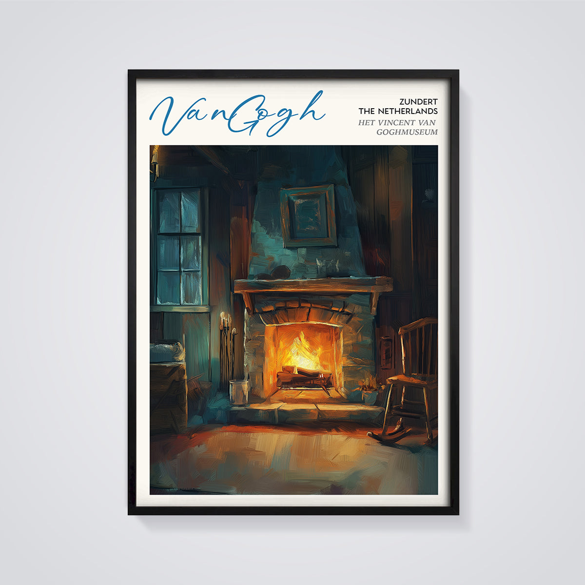 Van Gogh Zundert Fireplace Print framed in black on a grey background