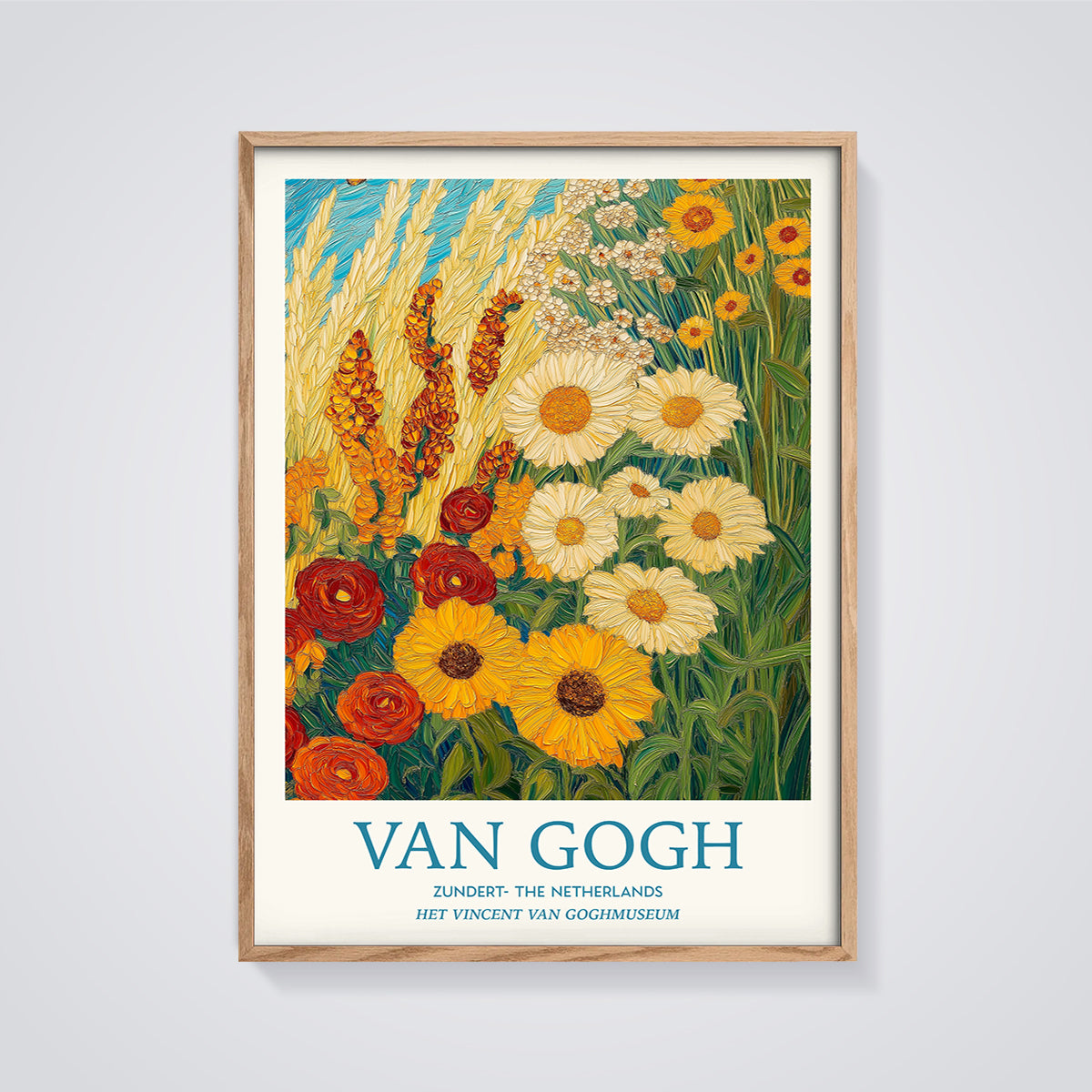 Van Gogh Zundert Flower Field Print framed in oak on a grey background
