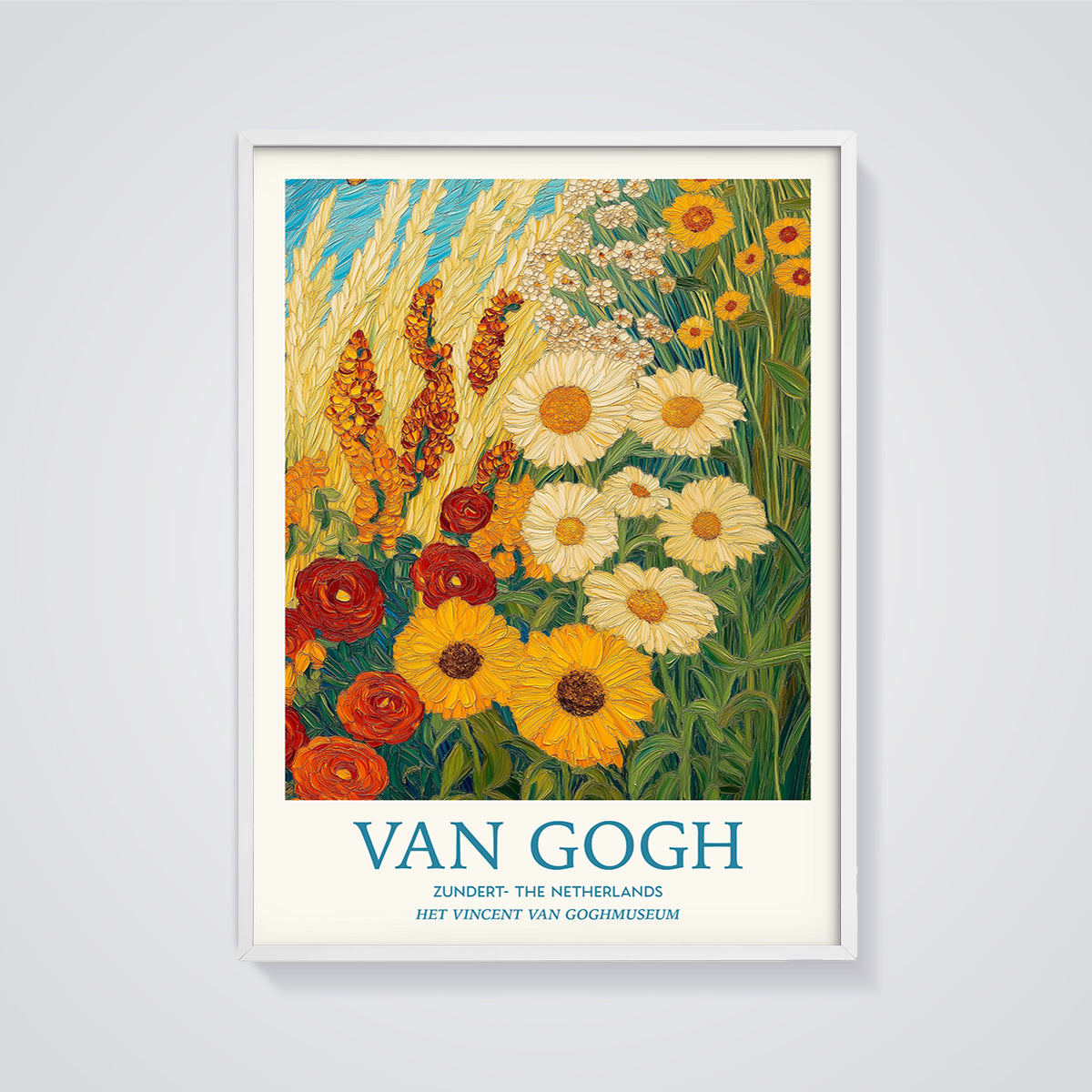 Van Gogh Zundert Flower Field Print framed in white on a grey background