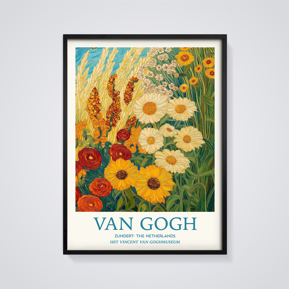 Van Gogh Zundert Flower Field Print framed in black on a grey background