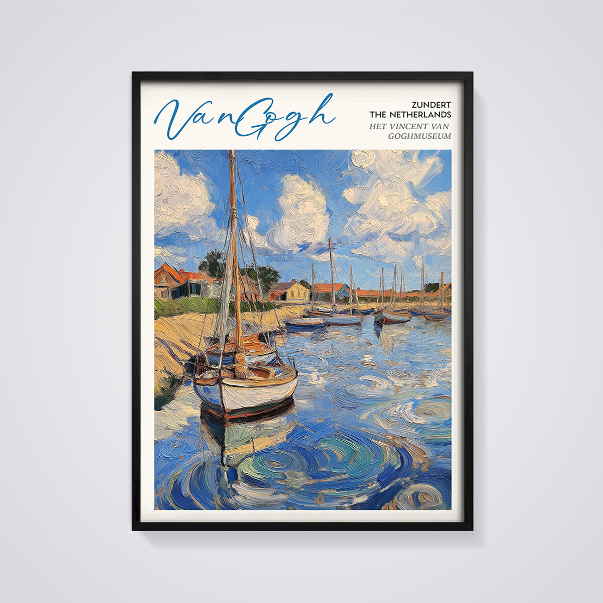 Van Gogh Zundert Harbor Print framed in black on a grey background