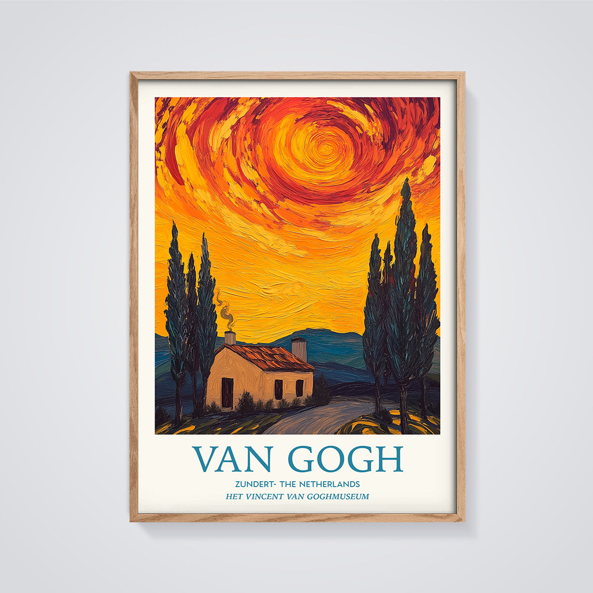 Van Gogh Zundert House Print framed in oak on a grey background