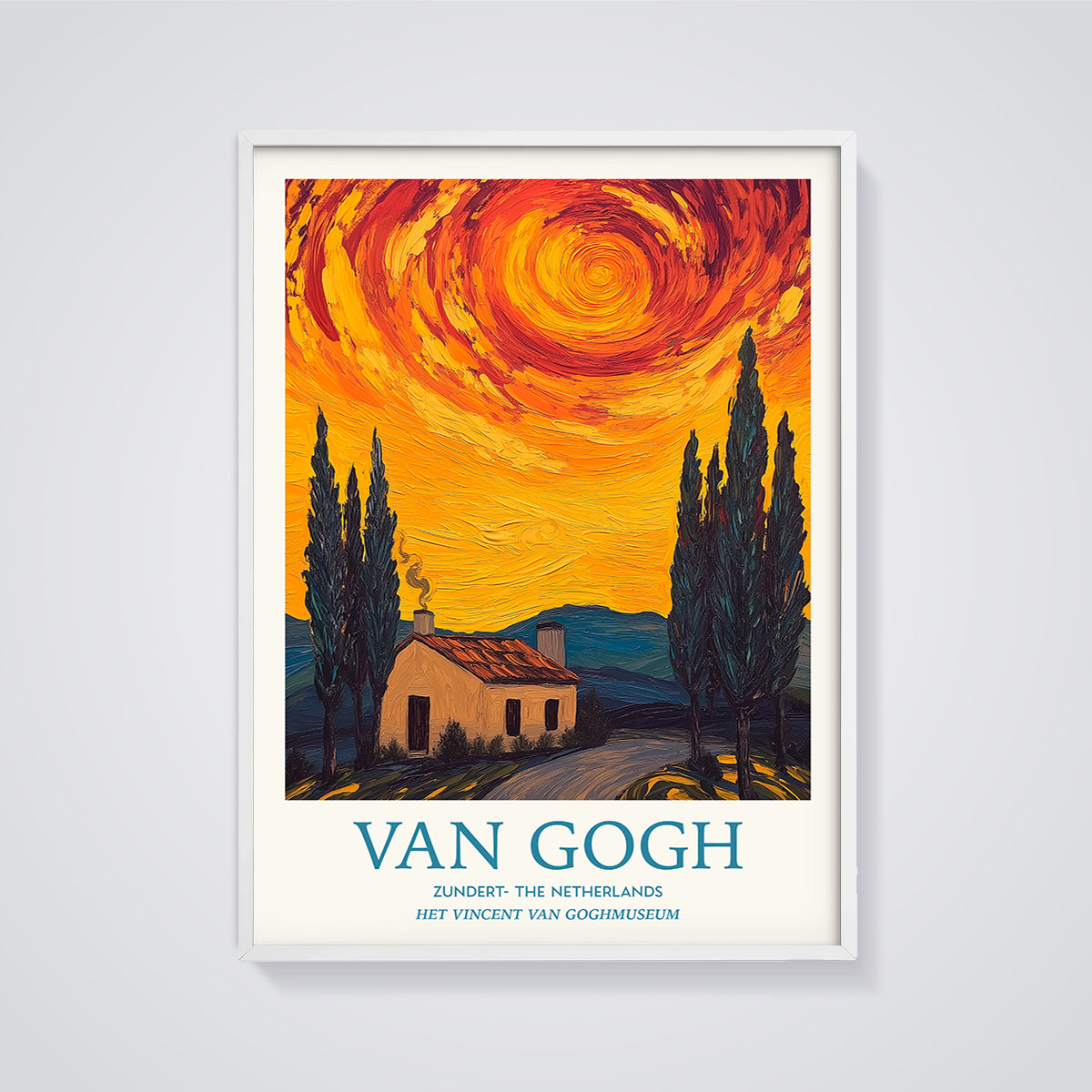 Van Gogh Zundert House Print framed in white on a grey background