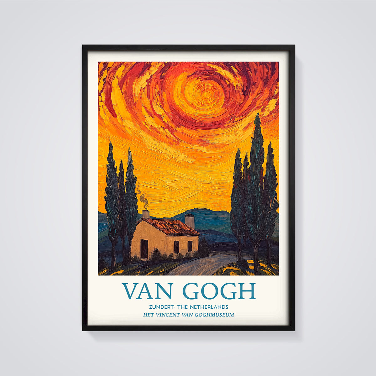 Van Gogh Zundert House Print framed in black on a grey background