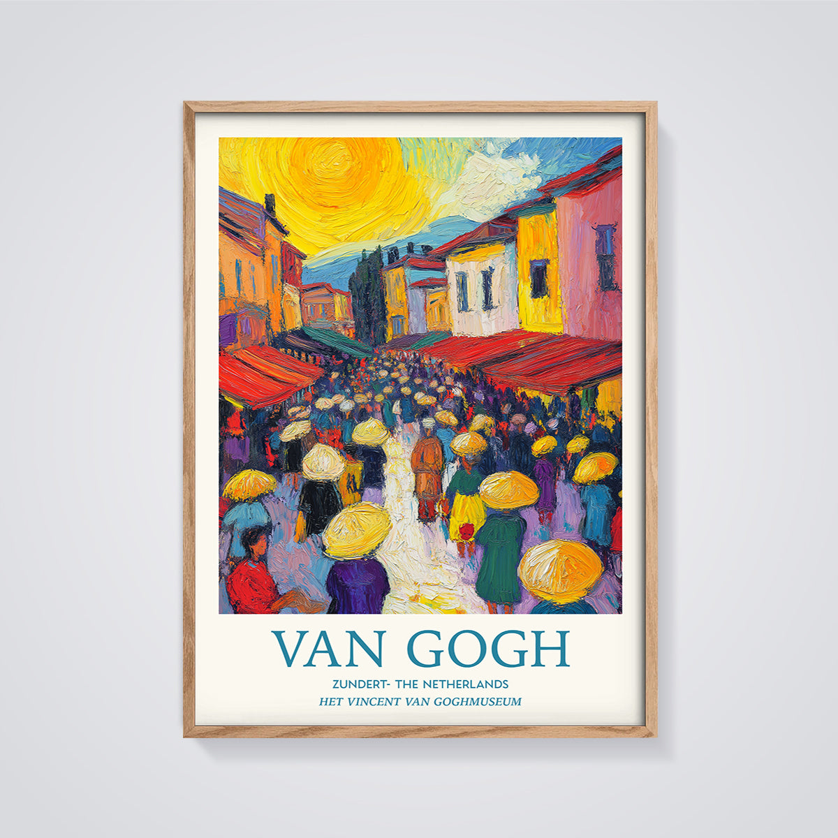 Van Gogh Zundert Market Print Aesthetic framed in oak on a grey background