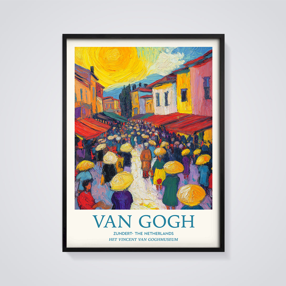 Van Gogh Zundert Market Print Aesthetic framed in black on a grey background