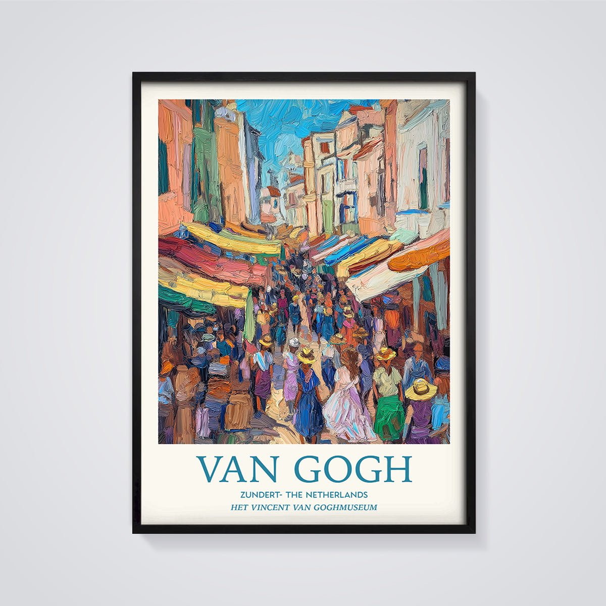 Van Gogh Zundert Market Print framed in black on a grey background
