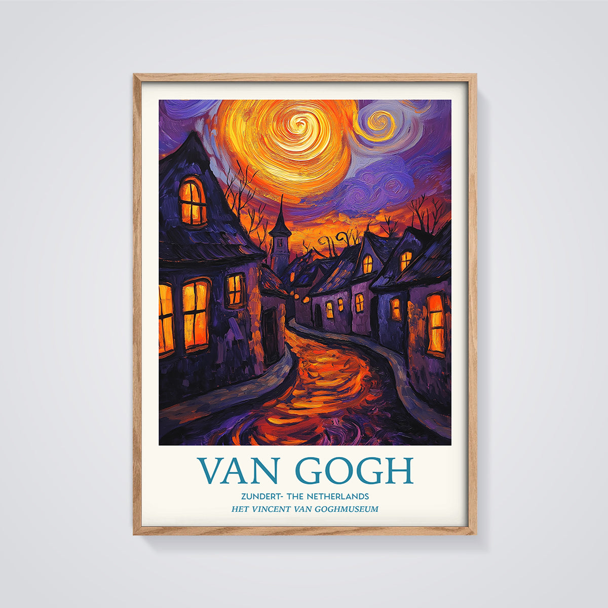 Van Gogh Zundert Night Street Print Aesthetic framed in oak on a grey background