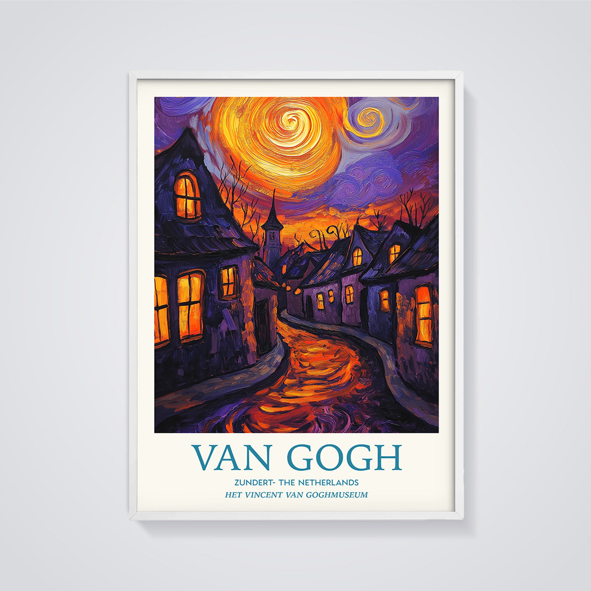 Van Gogh Zundert Night Street Print Aesthetic framed in white on a grey background