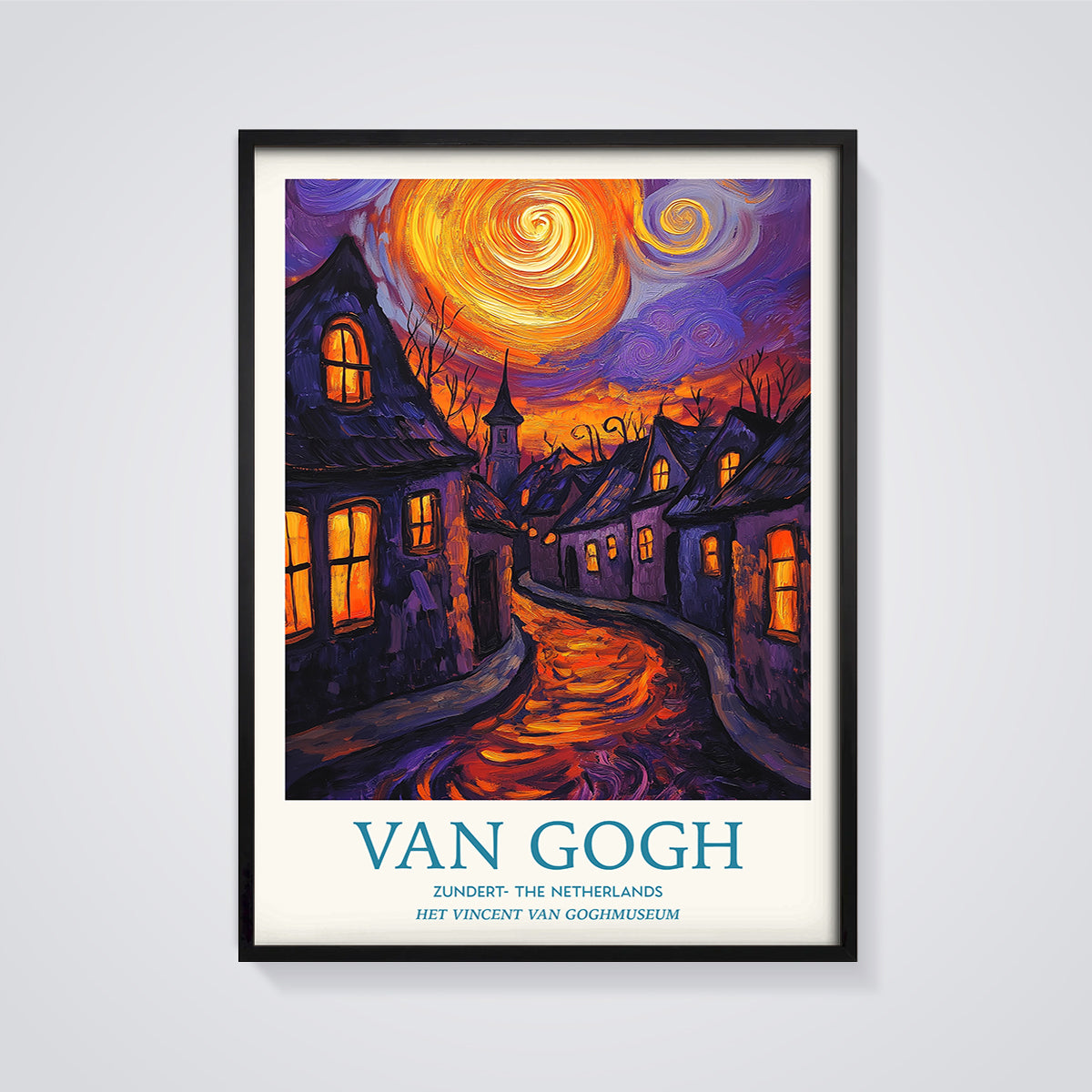 Van Gogh Zundert Night Street Print Aesthetic framed in black on a grey background