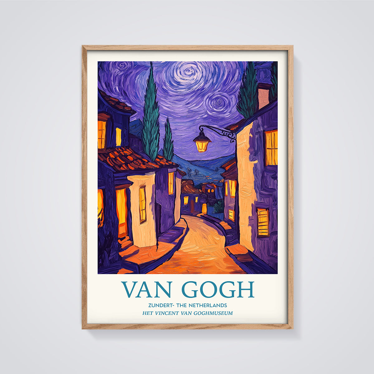 Van Gogh Zundert Night Street Print Poster framed in oak on a grey background