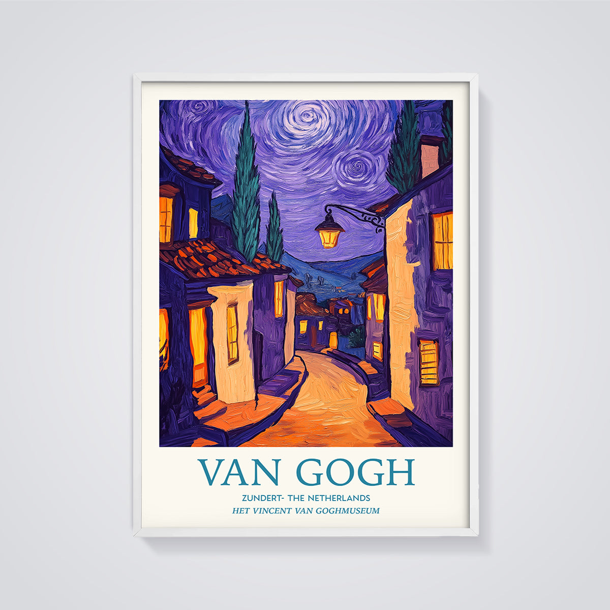 Van Gogh Zundert Night Street Print Poster framed in white on a grey background