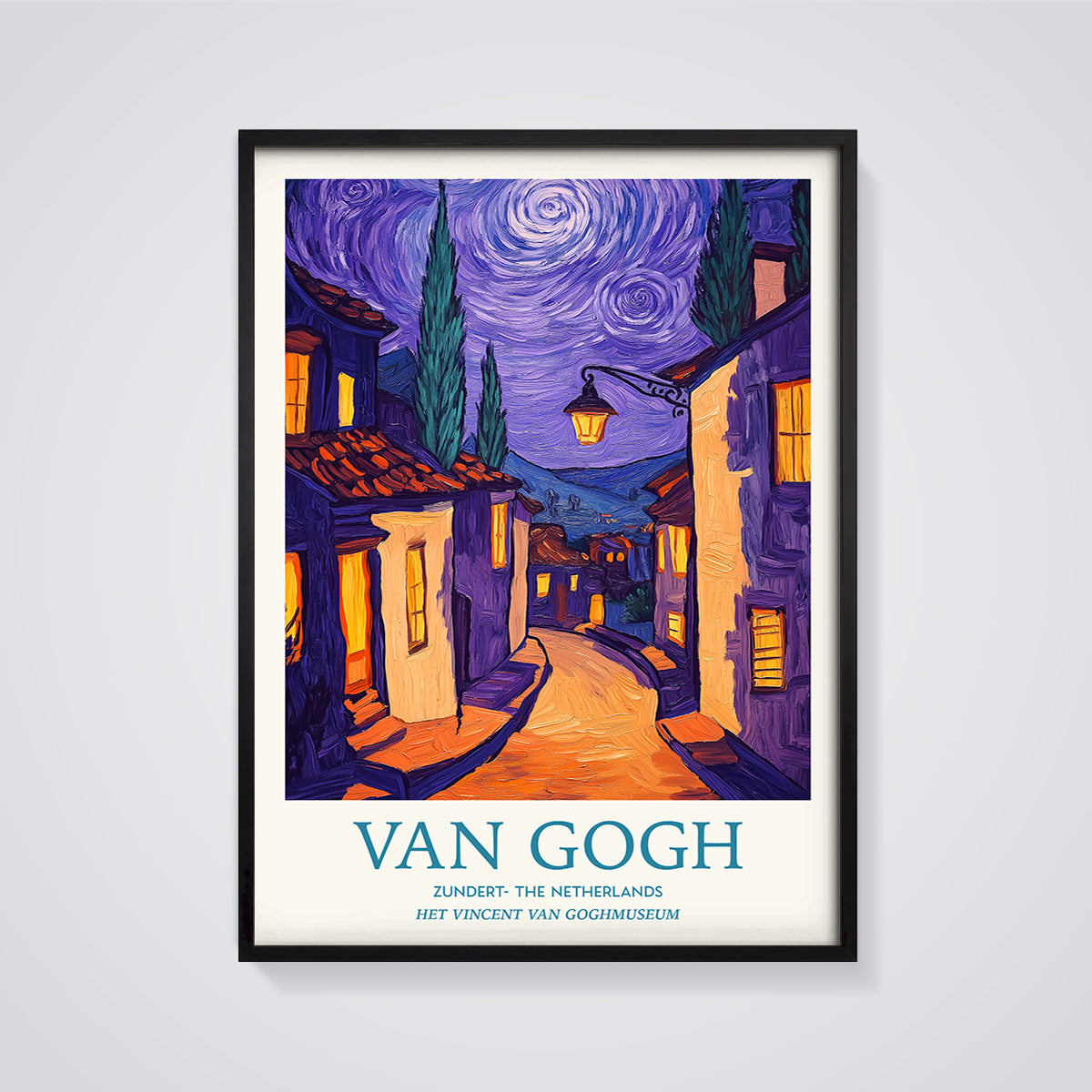 Van Gogh Zundert Night Street Print Poster framed in black on a grey background