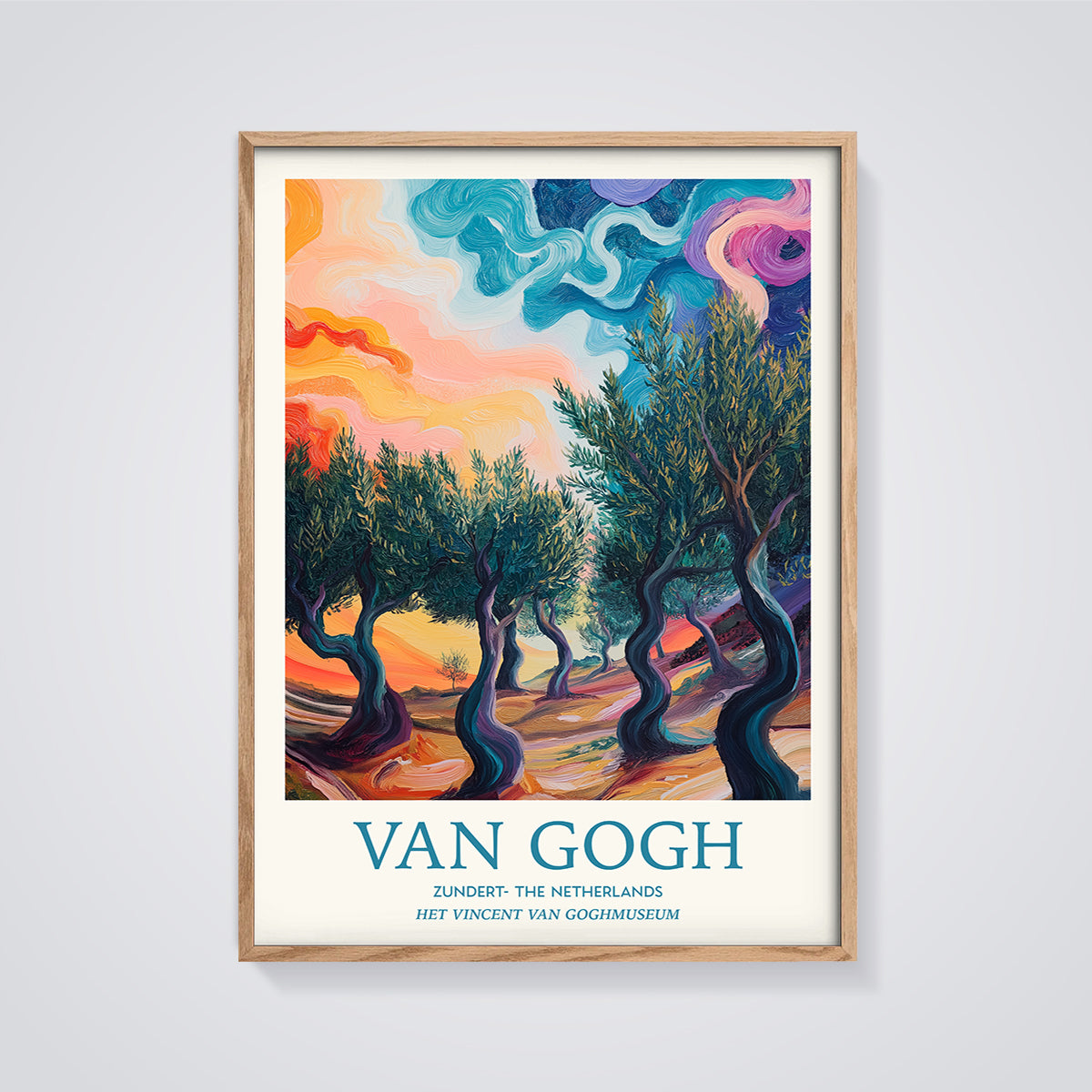 Van Gogh Zundert Olive Grove Print framed in oak on a grey background
