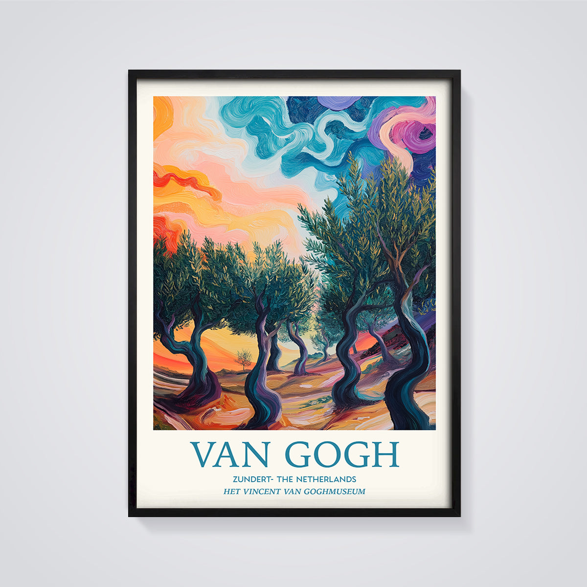 Van Gogh Zundert Olive Grove Print framed in black on a grey background