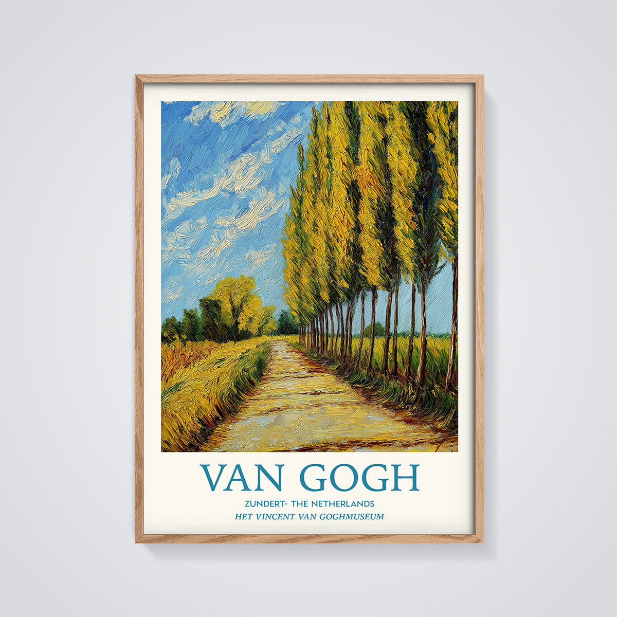 Van Gogh Zundert Poplar Path Print framed in oak on a grey background