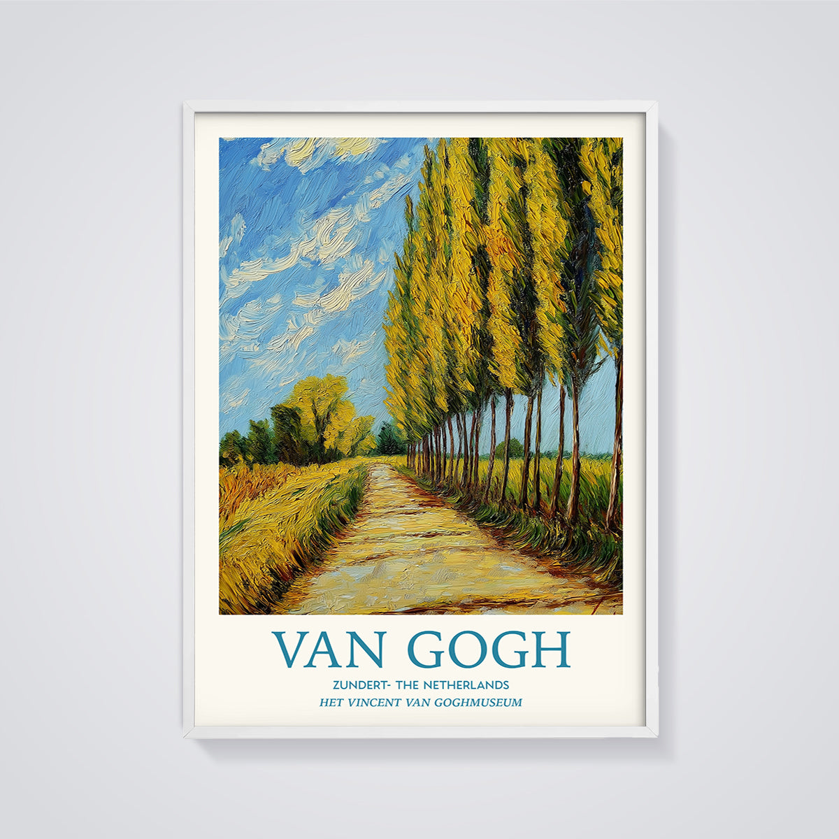 Van Gogh Zundert Poplar Path Print framed in white on a grey background