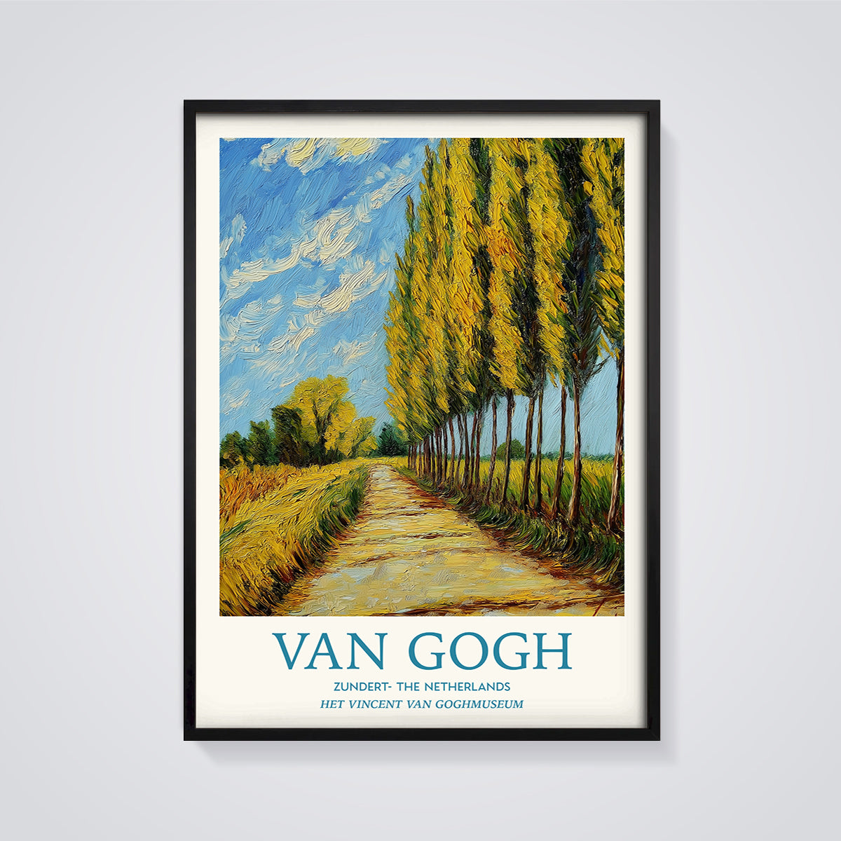 Van Gogh Zundert Poplar Path Print framed in black on a grey background
