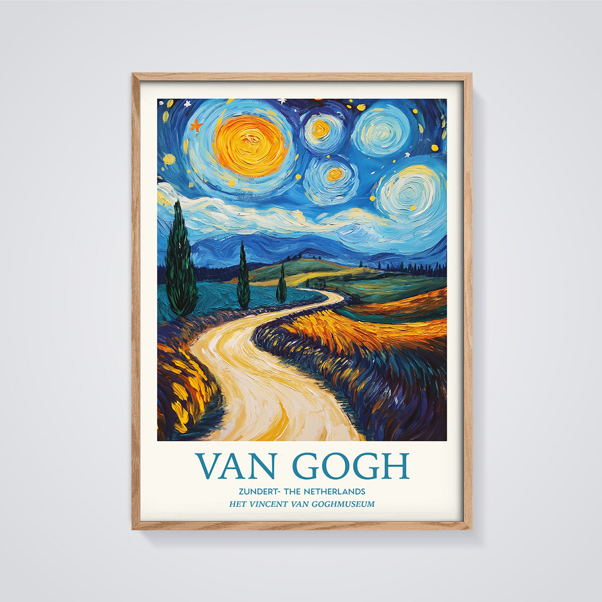Van Gogh Zundert Starry Path Print framed in oak on a grey background