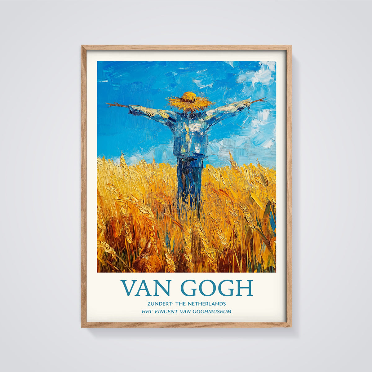 Van Gogh's Scarecrow in Wheat Field Print framed in oak on a grey background
