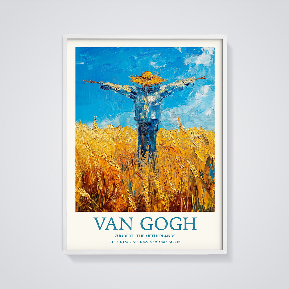 Van Gogh's Scarecrow in Wheat Field Print framed in white on a grey background