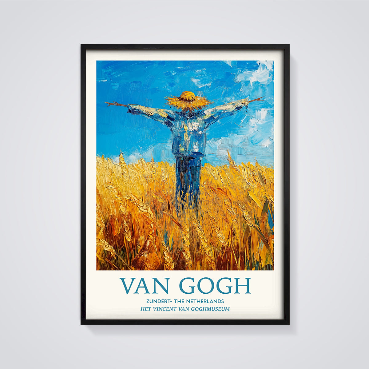 Van Gogh's Scarecrow in Wheat Field Print framed in black on a grey background