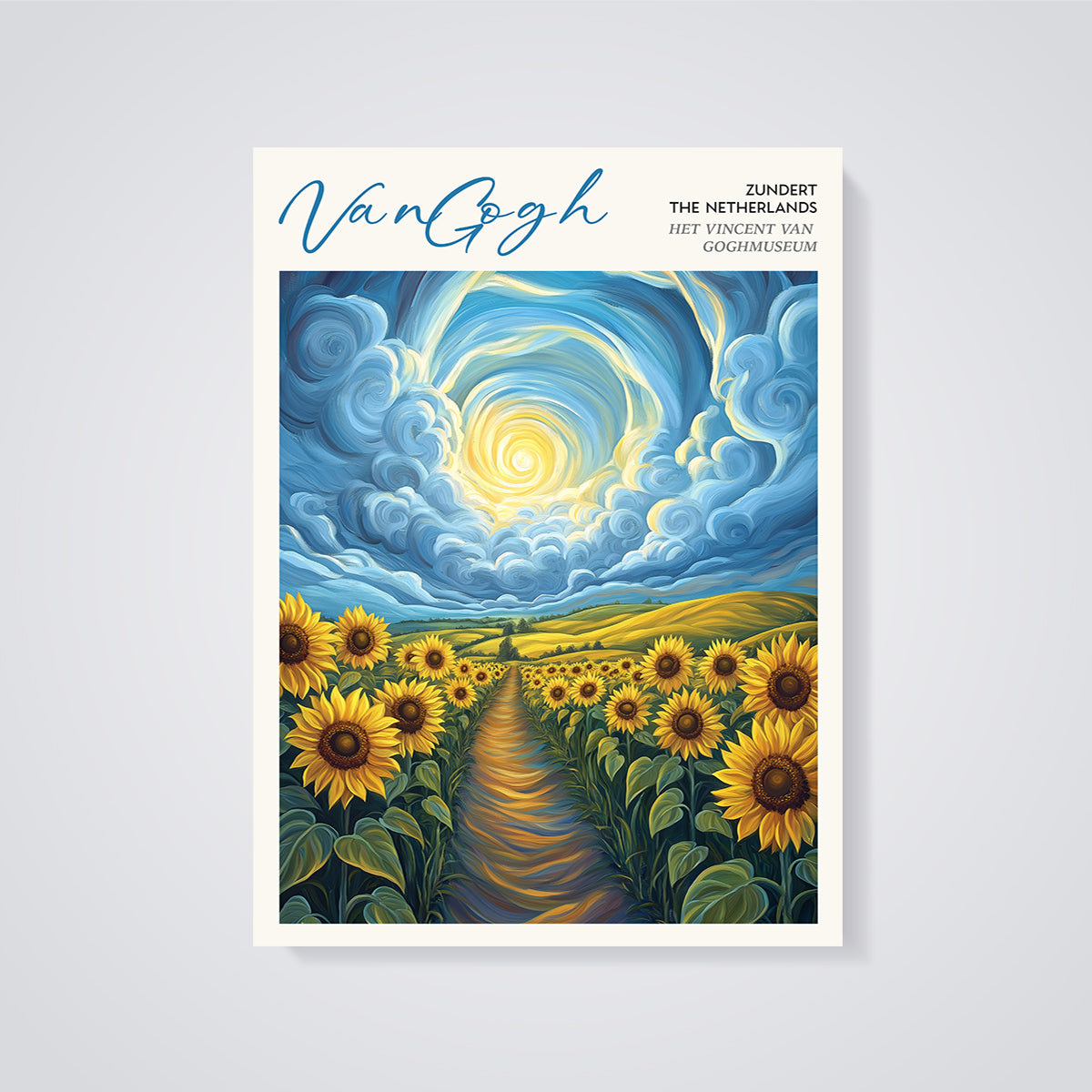 VanGogh Sunflowers Field Print unframed on a grey background
