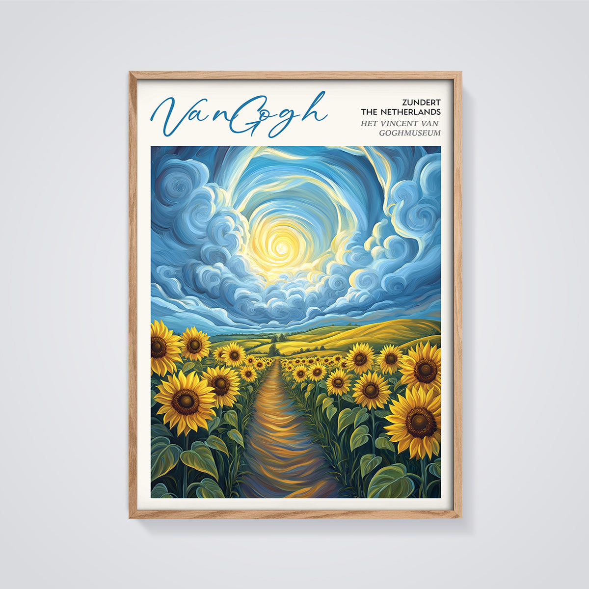 VanGogh Sunflowers Field Print framed in oak on a grey background