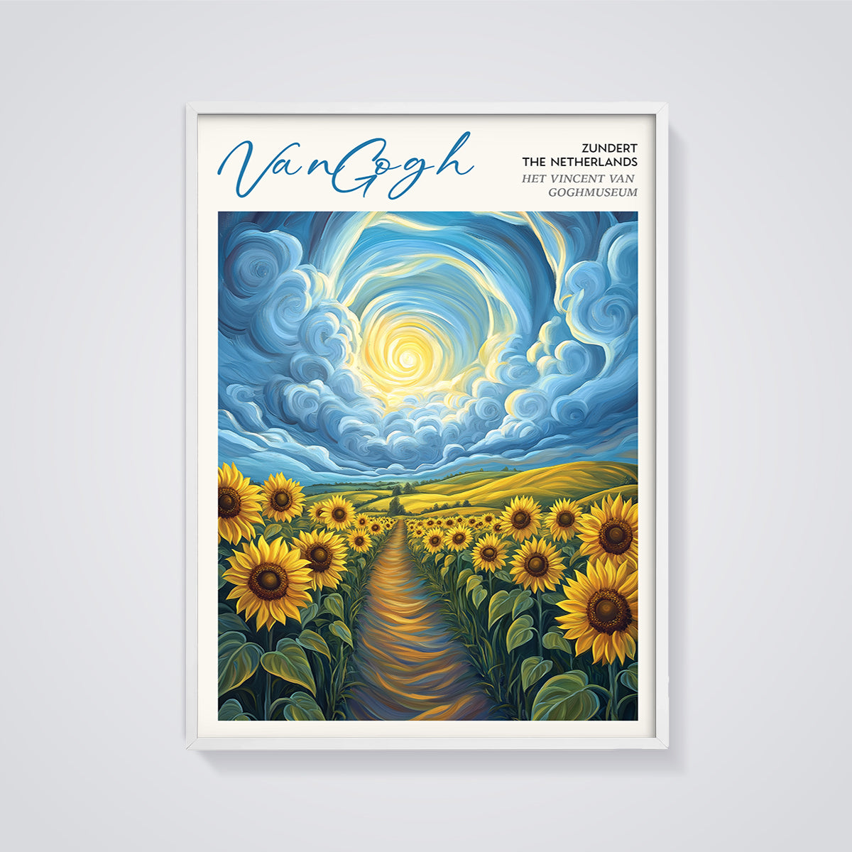 VanGogh Sunflowers Field Print framed in white on a grey background