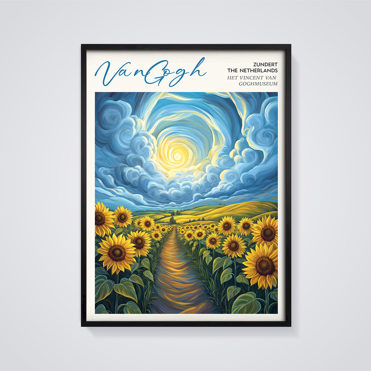 VanGogh Sunflowers Field Print framed in black on a grey background