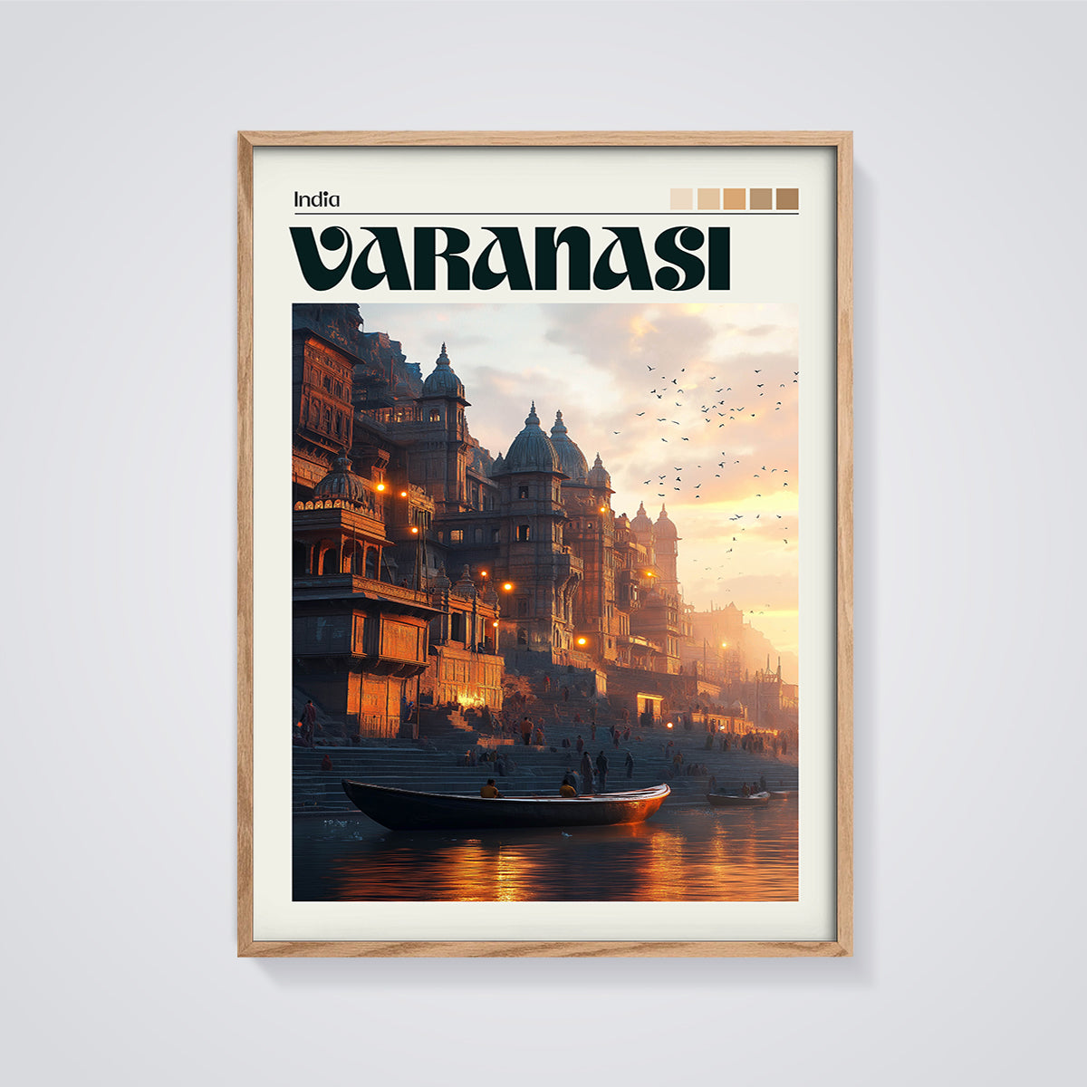 Varanasi Sunset Ghats Print framed in oak on a grey background