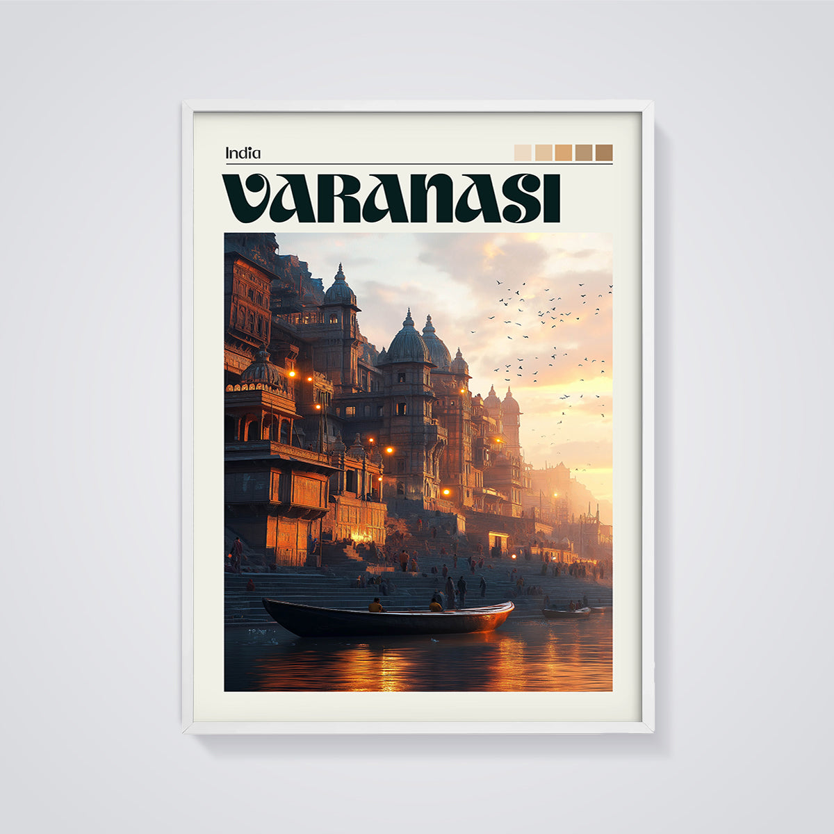 Varanasi Sunset Ghats Print framed in white on a grey background