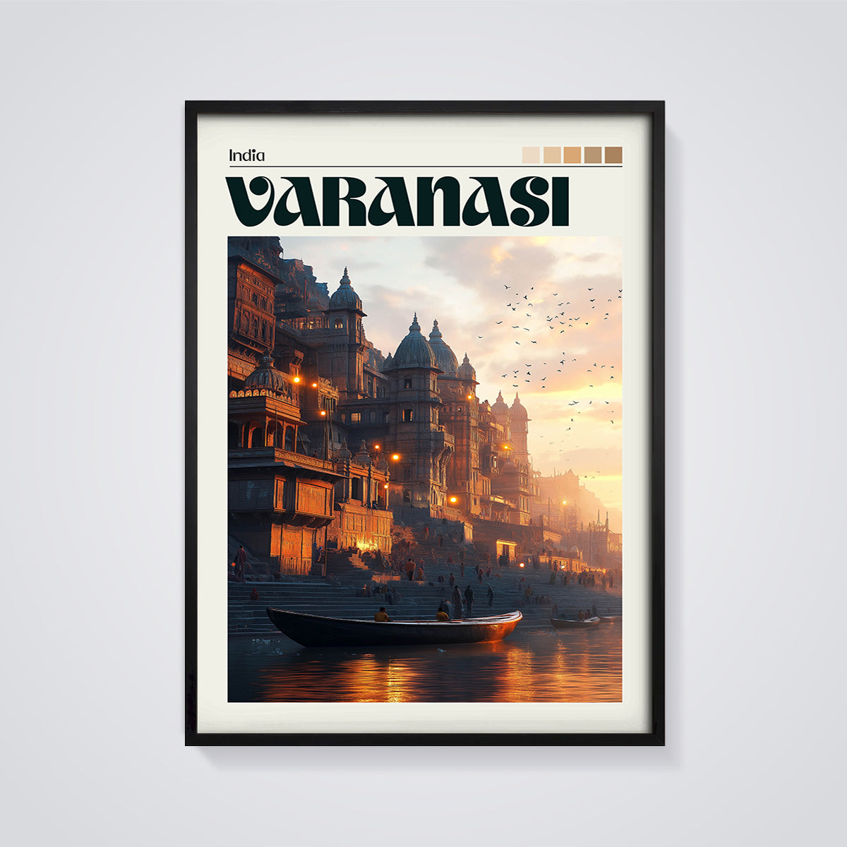 Varanasi Sunset Ghats Print framed in black on a grey background