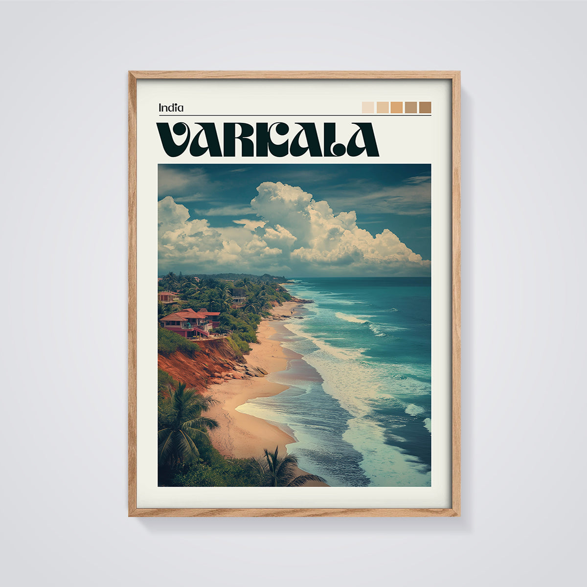 Varkala Coastal Cliffs Print framed in oak on a grey background