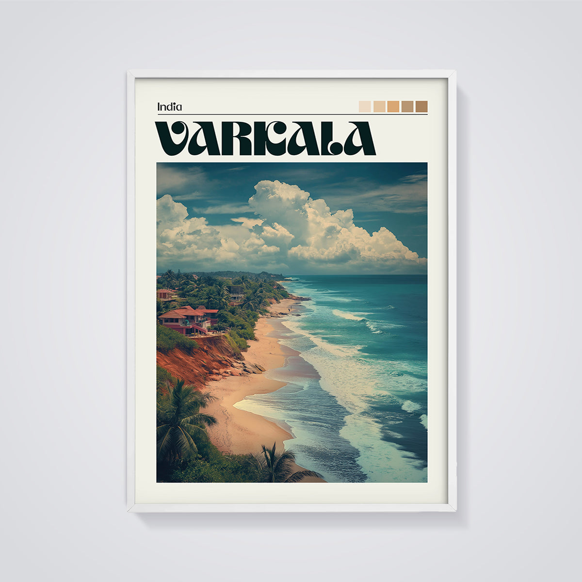 Varkala Coastal Cliffs Print framed in white on a grey background