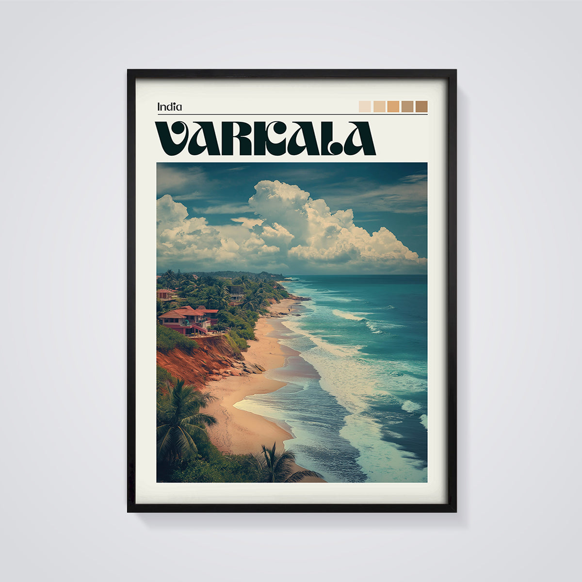Varkala Coastal Cliffs Print framed in black on a grey background