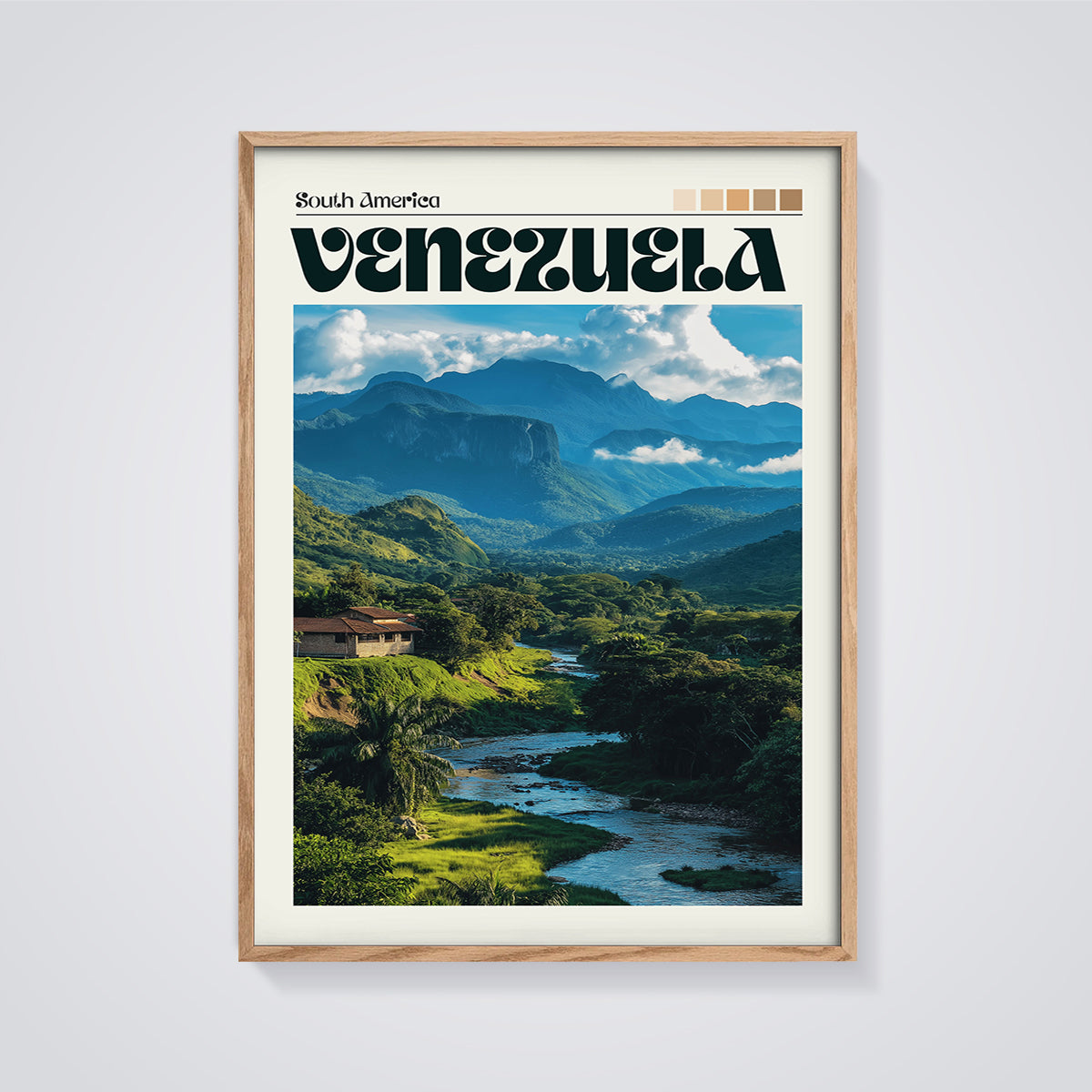 Venezuela Landscape Print framed in oak on a grey background
