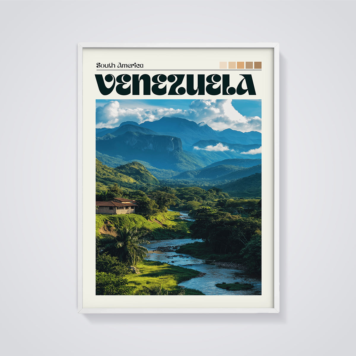 Venezuela Landscape Print framed in white on a grey background